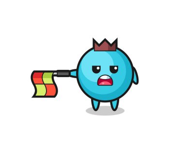 çizgi hakemi olarak yaban mersini karakteri bayrağı yatay tut, tişört, etiket, logo elementi için şirin tasarım