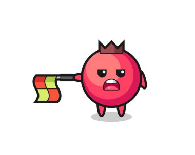 Çizgi hakemi olarak kızılcık karakteri bayrağı yatay tut, tişört, etiket, logo elementi için şirin bir tasarım yap