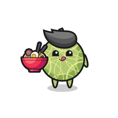 Erişte yiyen tatlı kavun karakteri, tişört, çıkartma, logo elementi için şirin bir tasarım.