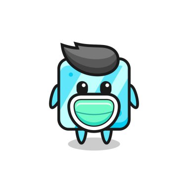 Maske takan sevimli buz küpü karikatürü, tişört, çıkartma, logo elementi için şirin bir tasarım.