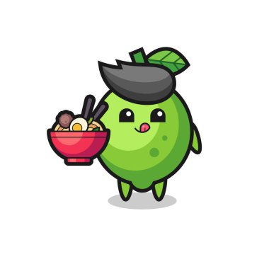 Erişte yiyen sevimli limon karakteri, tişört, çıkartma, logo elementi için şirin bir tasarım.