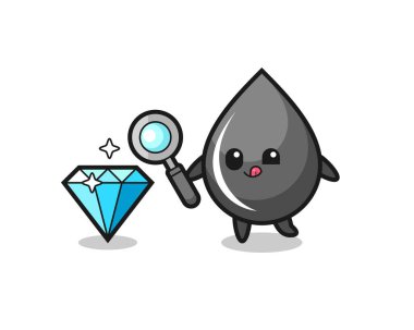 Yağ damlası maskotu elmasın orijinalliğini kontrol ediyor. Tişört, çıkartma, logo elementi için şirin bir tasarım.