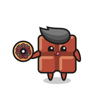 Tişört, etiket, logo elementi için tatlı bir tasarım olan donut yiyen bir çikolata karakterinin çizimi