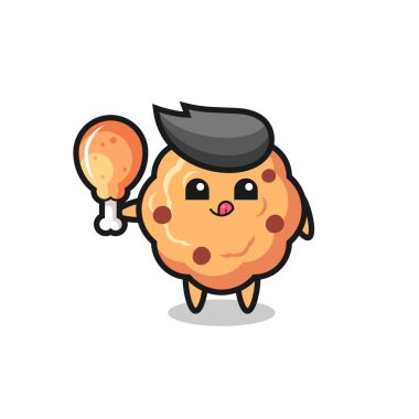 Çikolata parçalı kurabiye sevimli maskot kızarmış tavuk yiyor. Tişört, çıkartma, logo elementi için şirin bir tasarım.