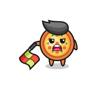 Çizgi hakimi olarak pizza karakteri bayrağı 45 derecelik açıyla tutun, tişört, etiket, logo elementi için şirin bir tasarım yapın.