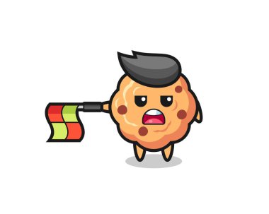 Çizgi hakemi olarak çikolatalı kurabiye karakteri bayrağı yatay olarak düz tut, tişört, etiket, logo elementi için şirin bir tasarım yap