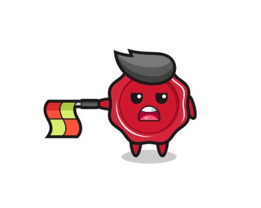 Balmumu karakteri çizgi hakemi olarak mühürleniyor bayrağı yatay tutun, tişört, etiket, logo ögesi için şirin bir tasarım yapın