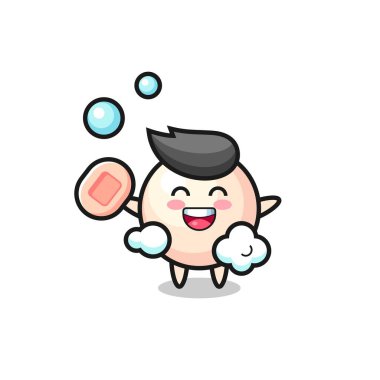 İnci karakter sabun tutarken banyo yapıyor, tişört, etiket, logo elementi için şirin bir tasarım.