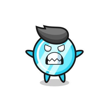 Aynadaki maskot karakterinin öfkeli ifadesi, tişört, çıkartma, logo elementi için şirin bir tasarım.