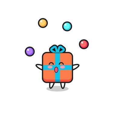 Hediye kutusu sirk karikatürü bir topla hokkabazlık yapıyor, tişört, çıkartma, logo elementi için şirin bir tasarım.