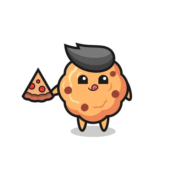 Lindo Chocolate Chip Galleta Dibujos Animados Comer Pizza Lindo Diseño — Vector de stock