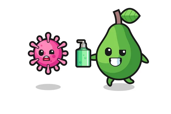 Illustration Avocado Character Chasing Evil Virus Hand Sanitizer Cute Style — Stock Vector