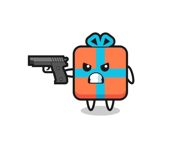 Cute Gift Box Character Shoot Gun Cute Style Design Shirt — ストックベクタ