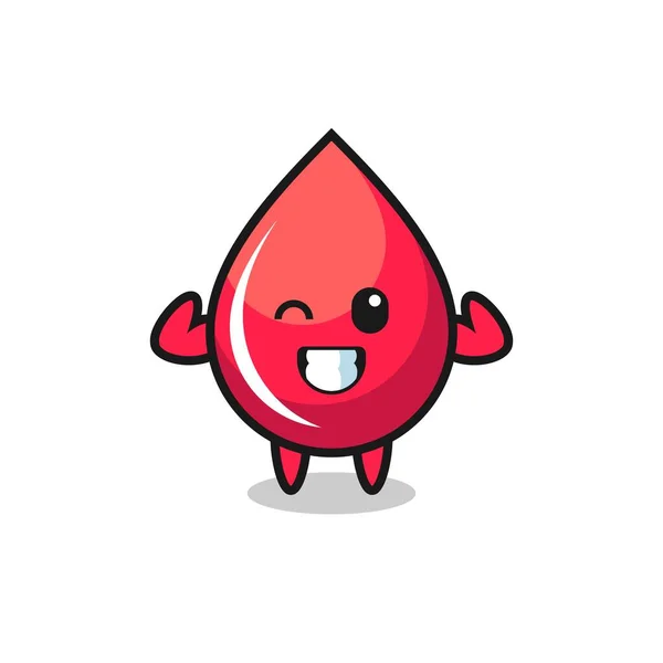 Muscular Blood Drop Character Posing Showing His Muscles Cute Style — Stok Vektör