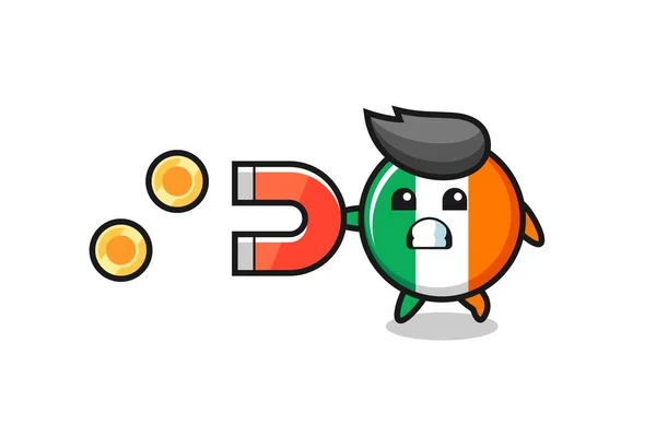 Der Charakter Der Irischen Flagge Abzeichen Halten Einen Magneten Die — Stockvektor