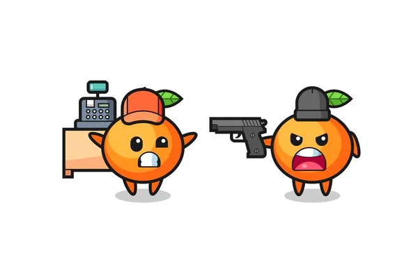 Illustration Den Söta Mandarin Orange Som Kassör Riktad Pistol Rånare — Stock vektor