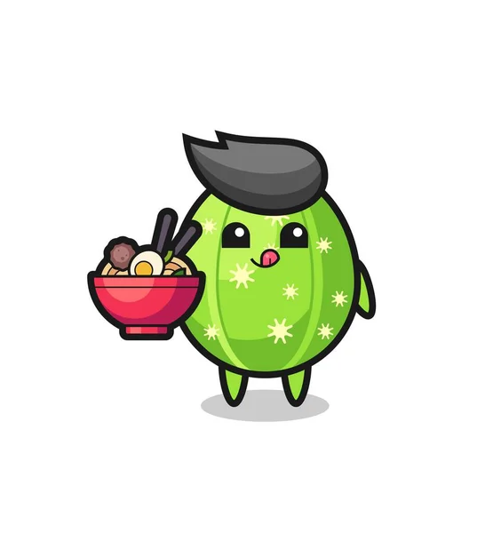 Personnage Cactus Mignon Manger Des Nouilles Conception Style Mignon Pour — Image vectorielle