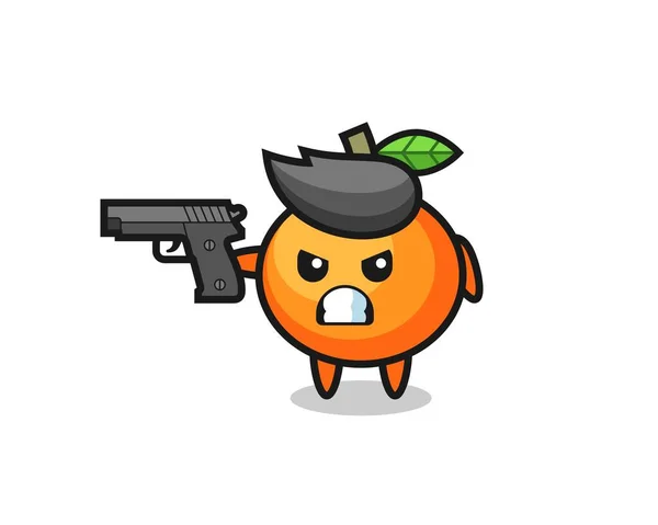 Karakter Oranye Mandarin Yang Lucu Menembak Dengan Pistol Desain Gaya - Stok Vektor