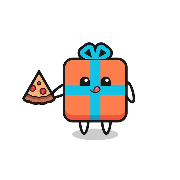 Lindo Regalo Caja Dibujos Animados Comer Pizza Lindo Diseño Estilo — Vector de stock