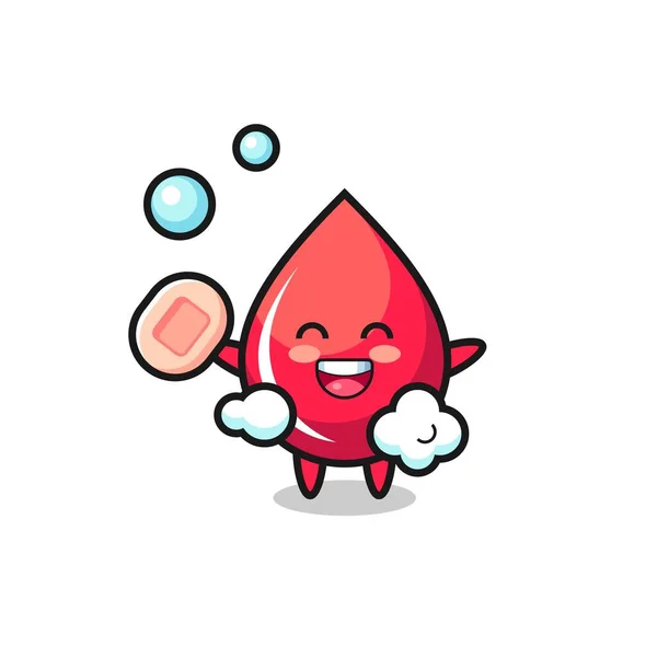 Αίμα Drop Χαρακτήρα Είναι Μπάνιο Ενώ Κρατώντας Σαπούνι Χαριτωμένο Σχεδιασμό — Διανυσματικό Αρχείο