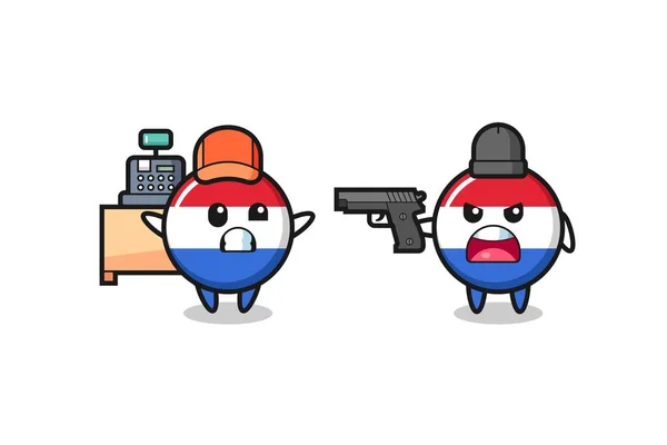 Ilustracja Cute Holland Flagi Odznaki Jako Kasjer Jest Skierowany Pistolet — Wektor stockowy