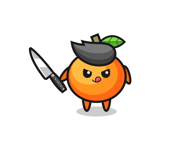 Cute Mandarin Maskot Oranye Sebagai Psikopat Memegang Pisau Desain Gaya - Stok Vektor