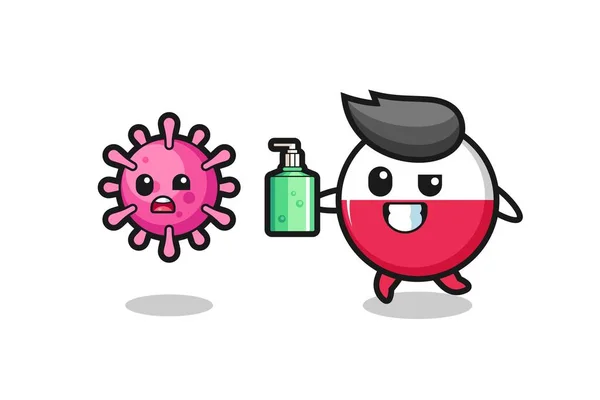 Illustration Poland Flag Badge Character Chasing Evil Virus Hand Sanitizer — Stock Vector