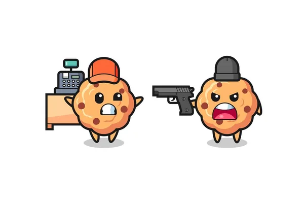 Illustration Cute Chocolate Chip Cookie Cashier Pointed Gun Robber Cute — 스톡 벡터