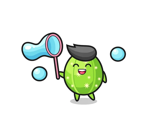 Heureux Cactus Dessin Animé Jouant Bulle Savon Conception Style Mignon — Image vectorielle