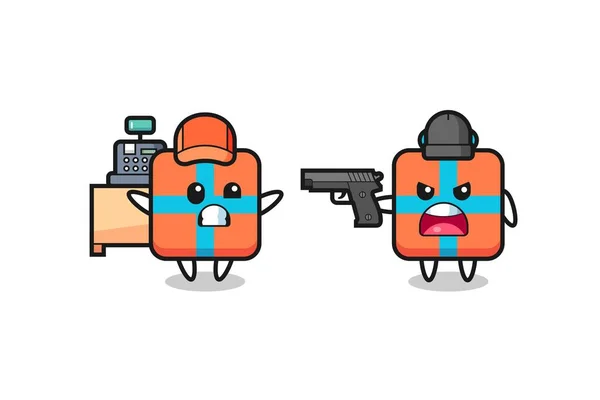 Illustration Cute Gift Box Cashier Pointed Gun Robber Cute Style — 图库矢量图片