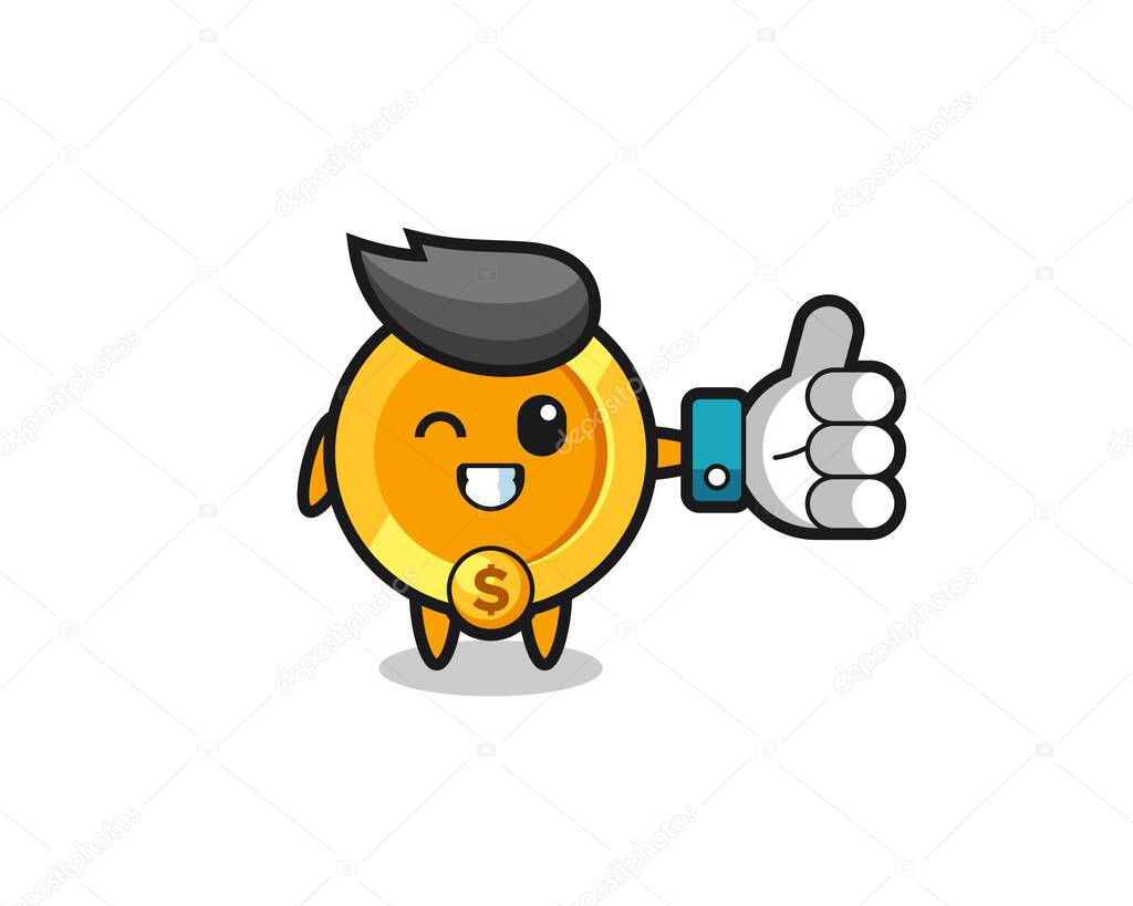 Cute dollar currency coin with social media thumbs up symbol , cute style design for t shirt, sticker, logo element
