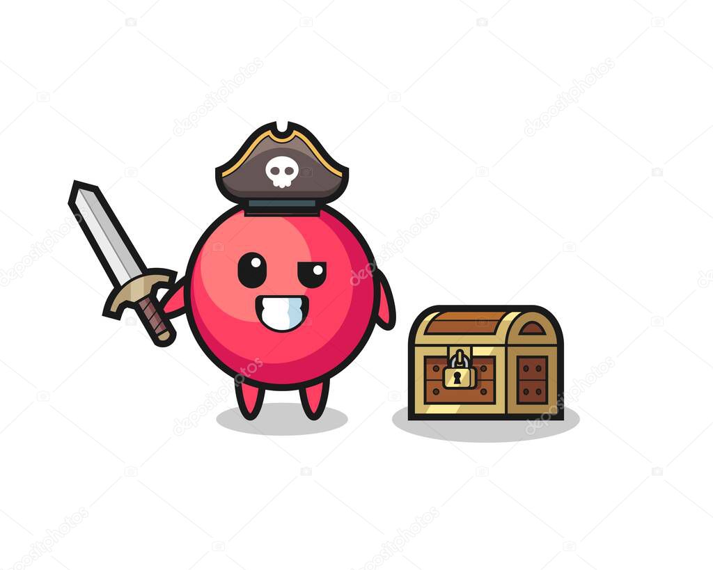 the cranberry pirate character holding sword beside a treasure box , cute style design for t shirt, sticker, logo element