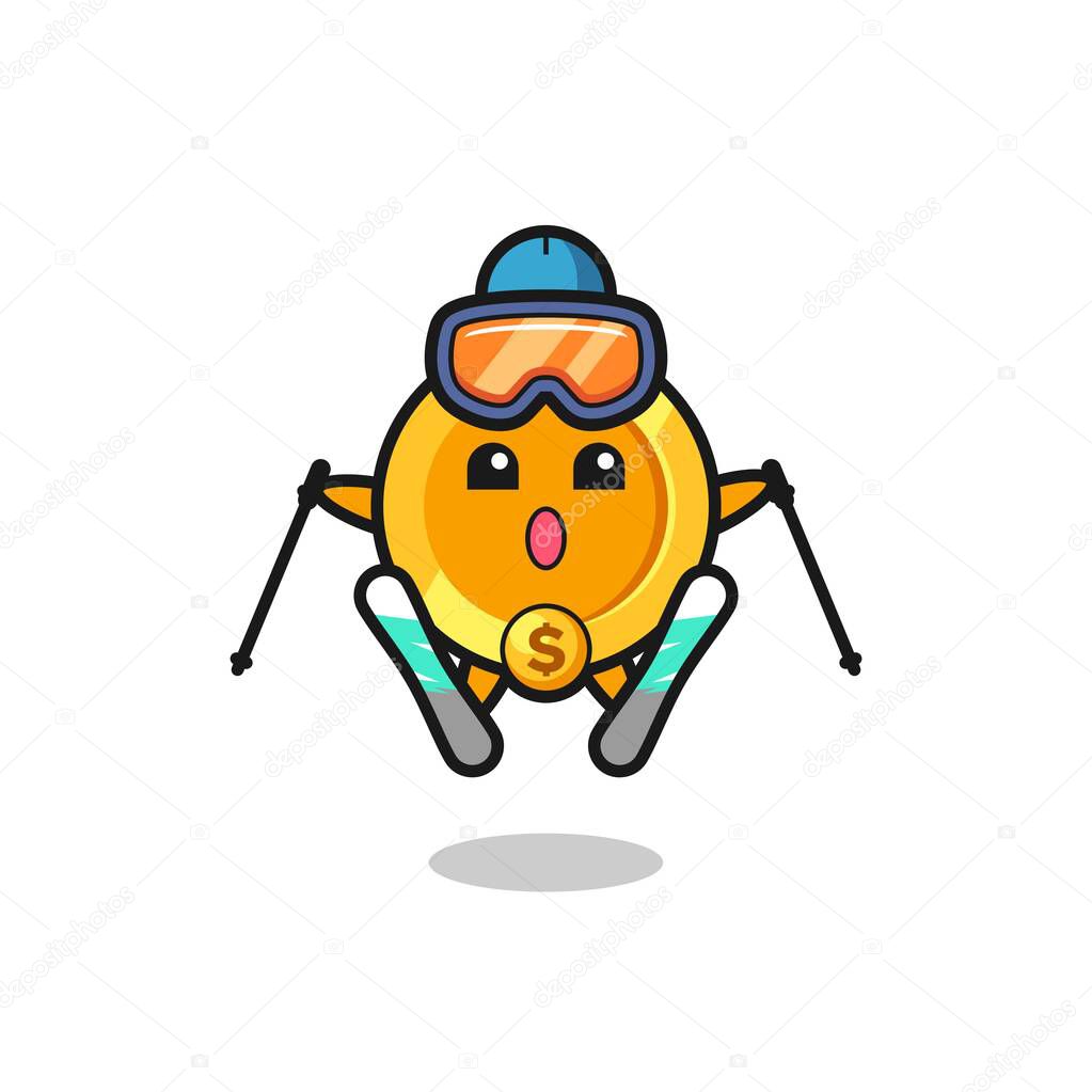 Dollar currency coin mascot character as a ski player , cute style design for t shirt, sticker, logo element
