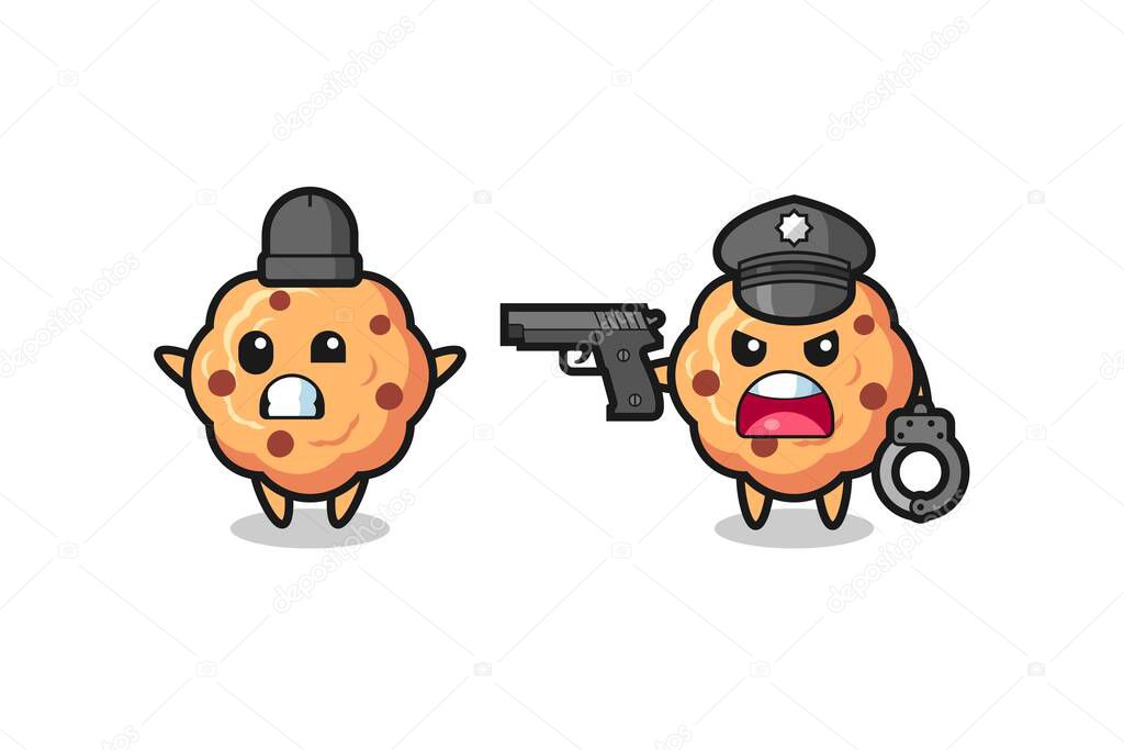 Illustration of chocolate chip cookie robber with hands up pose caught by police , cute style design for t shirt, sticker, logo element