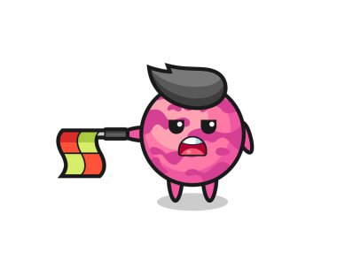 Dondurma kepçesi karakteri çizgi hakemi olarak bayrağı yatay tutun, tişört, etiket, logo elementi için şirin bir tasarım yapın