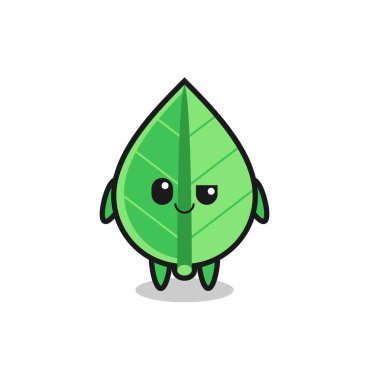 Kibirli bir ifadeye sahip yaprak karikatürü, tişört, etiket, logo ögesi için şirin bir tasarım.
