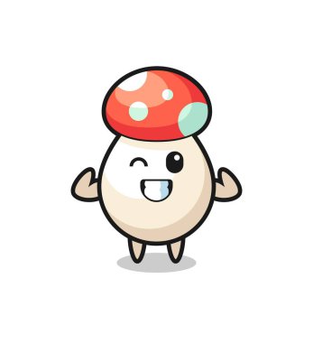 Kaslı mantar karakteri kaslarını gösteriyor. Tişört, çıkartma, logo elementi için şirin bir tasarım.