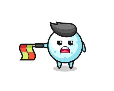 Çizgi hakemi olarak kar topu karakteri bayrağı yatay olarak düz tut, tişört, çıkartma, logo elementi için şirin bir tasarım.