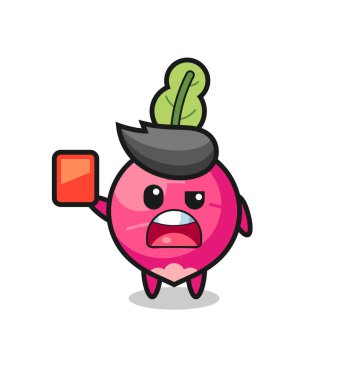 Hakem olarak turp maskotu kırmızı kart veriyor. Tişört, çıkartma, logo elementi için şirin bir tasarım.