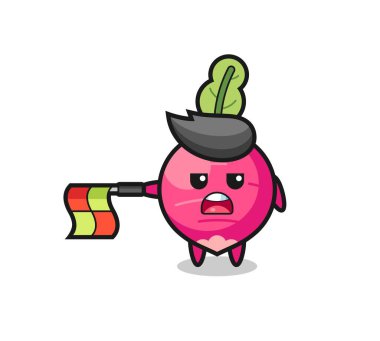 Çizgi hakemi olarak turp karakteri bayrağı yatay tut, tişört, etiket, logo elementi için şirin bir tasarım yap