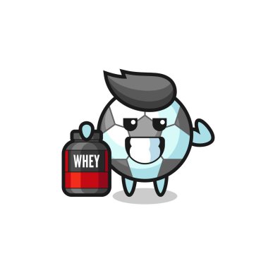 Kas futbolu karakteri, tişört, etiket ve logo için şirin bir tasarım olan protein takviyesi tutuyor.