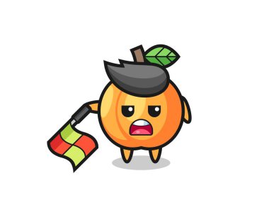 Kayısı karakteri çizgi hakemi olarak bayrağı 45 derecelik açıyla tutun, tişört, çıkartma, logo elementi için şirin bir tasarım yapın.