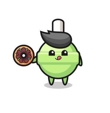 Tişört, etiket, logo elementi için tatlı bir tasarım olan donut yiyen bir lolipop karakterinin çizimi