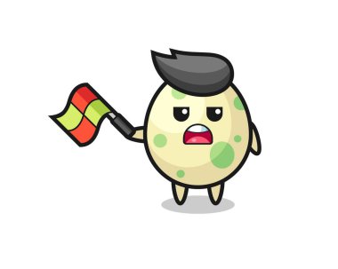 Benekli yumurta çizgi filmi, çizgi film yargıcı bayrağı 45 derecelik açıyla kaldırıyor, tişört, çıkartma, logo elementi için şirin bir tasarım.