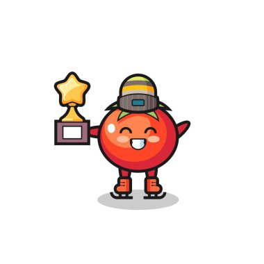 Buz patencisi olarak domates çizgi filmi. Kazanan kupa, tişört, çıkartma ve logo elementi için şirin bir tasarım.