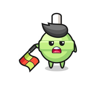 Çizgi hakemi olarak lolipop karakteri bayrağı 45 derecelik açıyla tutun, tişört, çıkartma, logo elementi için şirin bir tasarım yapın.