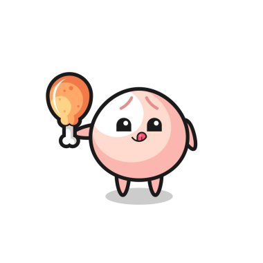 Tatlı köfte maskotu kızarmış tavuk yiyor. Tişört, çıkartma, logo elementi için şirin bir tasarım.