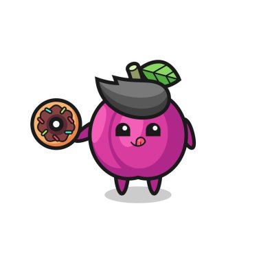 Tişört, etiket, logo elementi için tatlı bir tasarım olan donut yiyen bir erik meyve karakterinin çizimi