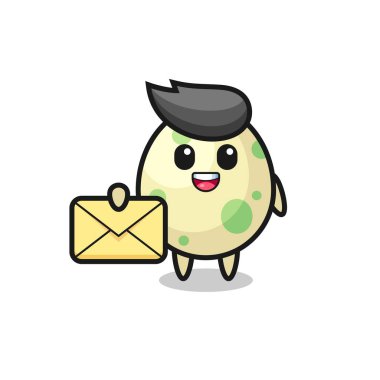 Sarı bir harf taşıyan benekli yumurtanın karikatür çizimi, tişört, çıkartma, logo elementi için şirin bir tasarım.