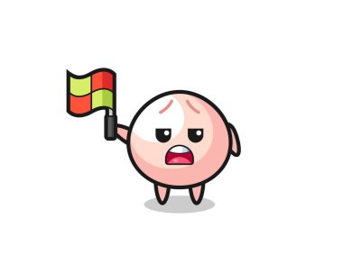 Çizgi hakimi olarak köfte karakteri bayrağı kaldırıyor, tişört, etiket, logo elementi için şirin bir tasarım.